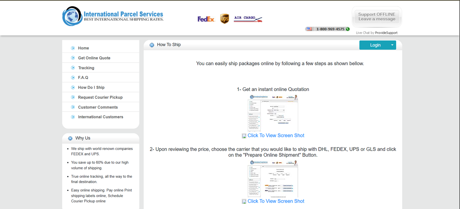IPS Parcel interface screen