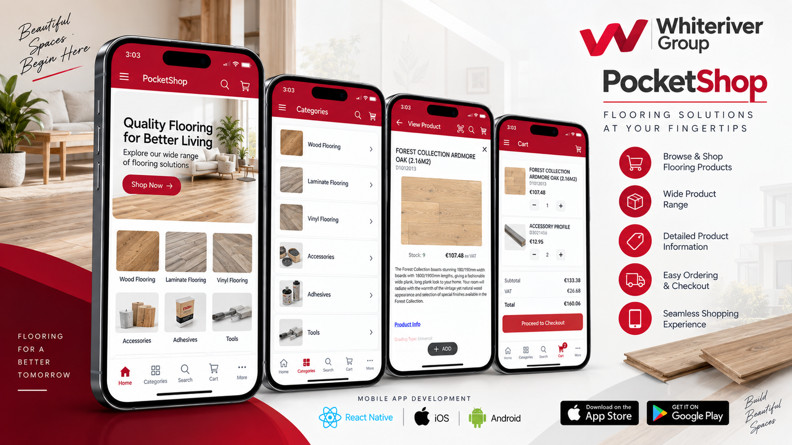 PocketShop mobile app for Whiteriver Group, showing browse, order, and manage flooring products