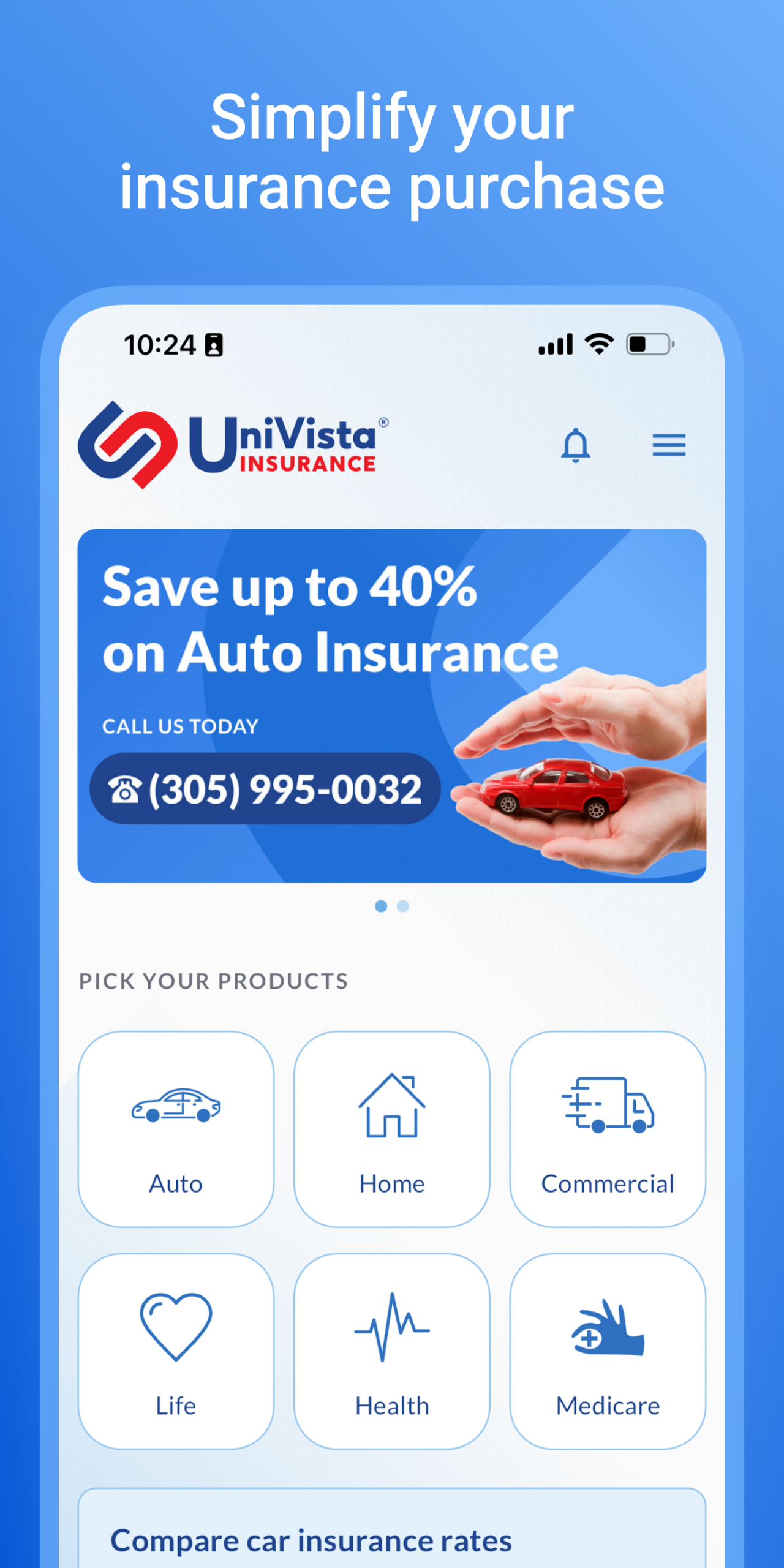 Univista Insurance app screen one