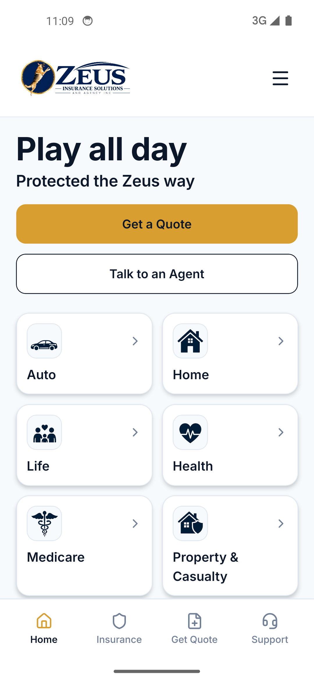 Zeus Insurance app screen one