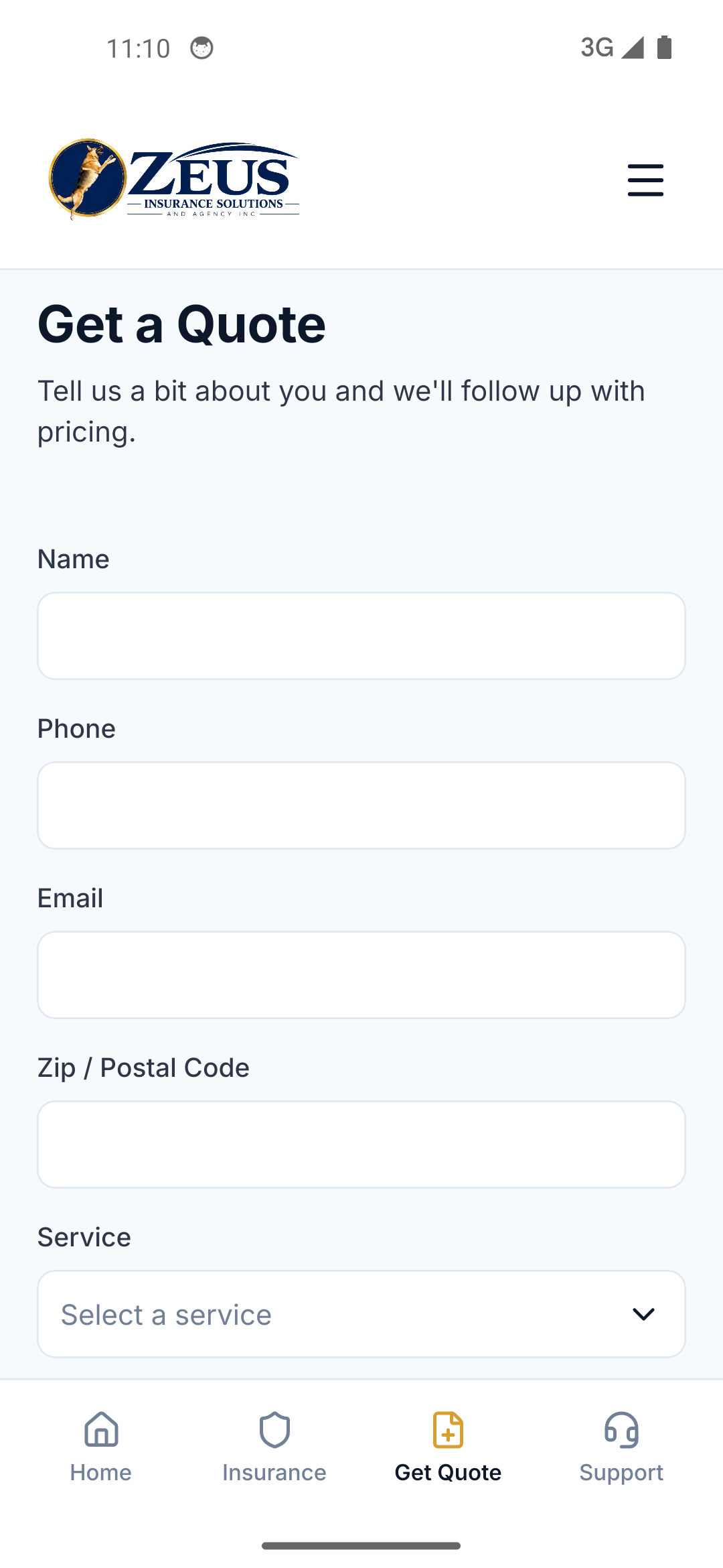 Zeus Insurance app screen two