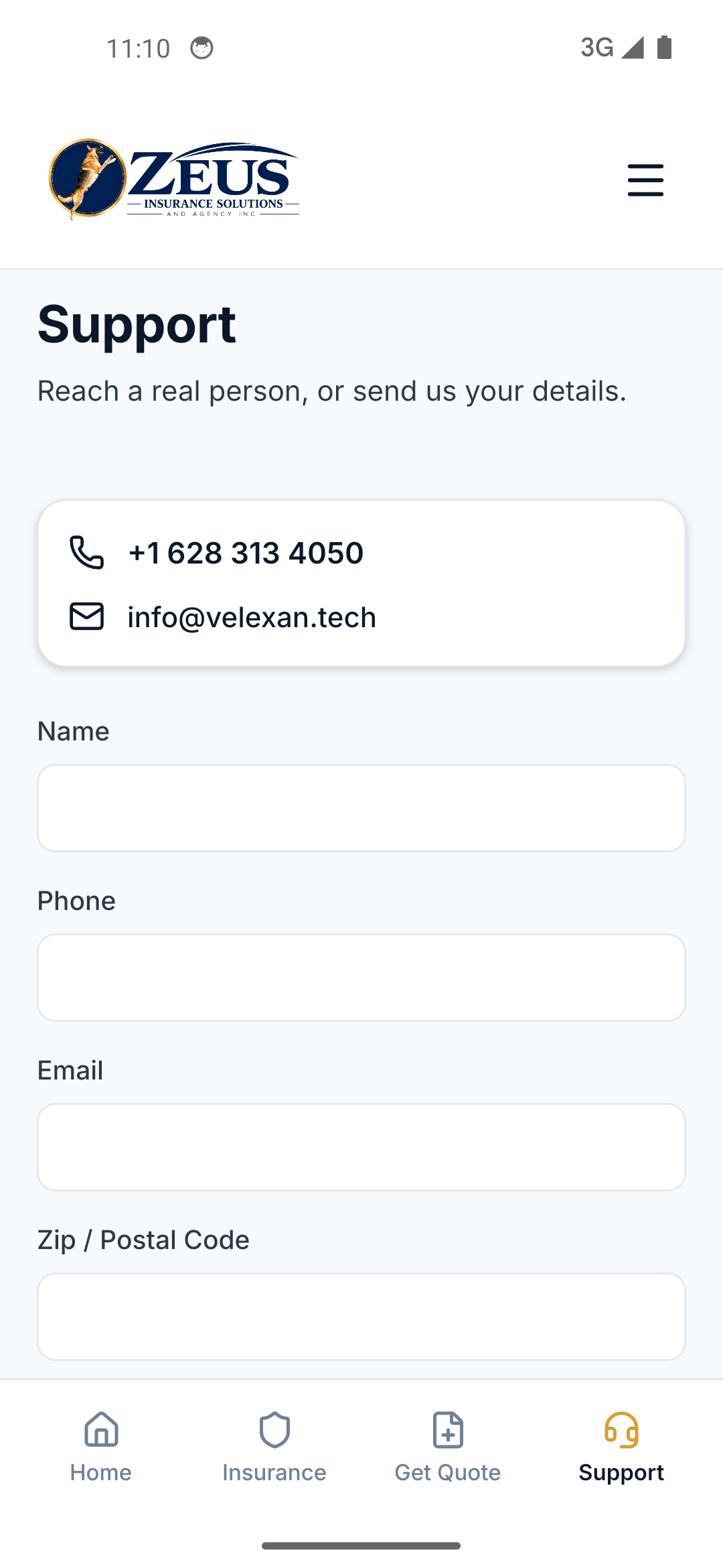 Zeus Insurance app screen three